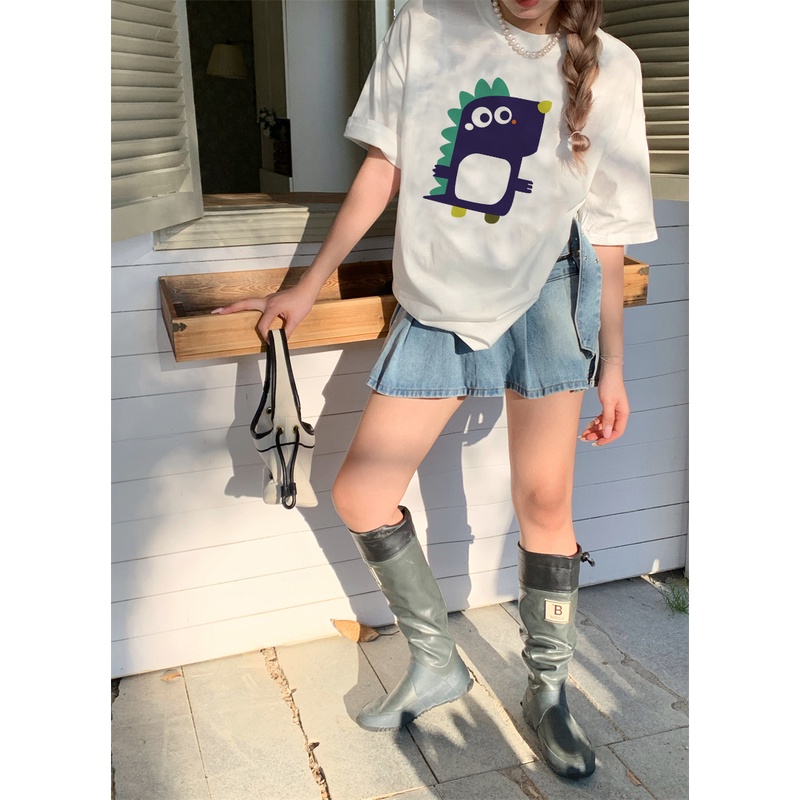 EUNII T-shirt Lengan Pendek Cartoon Dinosaur Korean Style/Kaos Atasan Wanita/Baju Kaus Oversize Wanita/Kaos Wanita