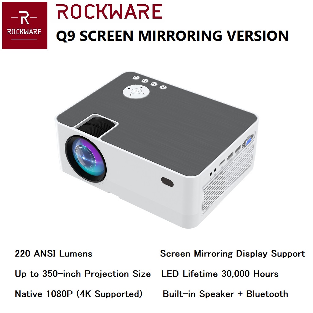 ROCKWARE Q9 Screen Mirroring Full HD Projector 1080P - 220 ANSI Lumens