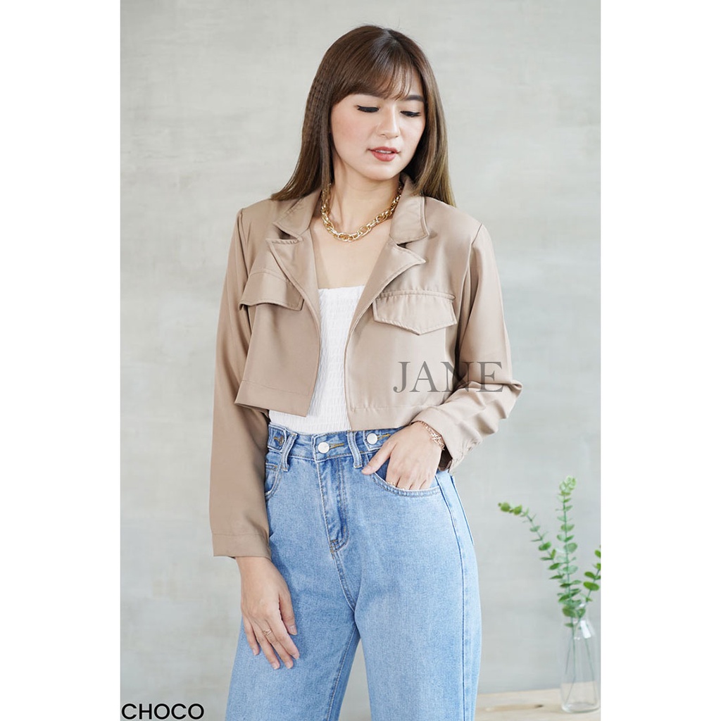 JANE COLLECTION || Outer Wanita Hitam Blazer Lengan Panjang Putih Luaran Atasan Crop Top Cream Khaki Polos - Levi Crop Blazer