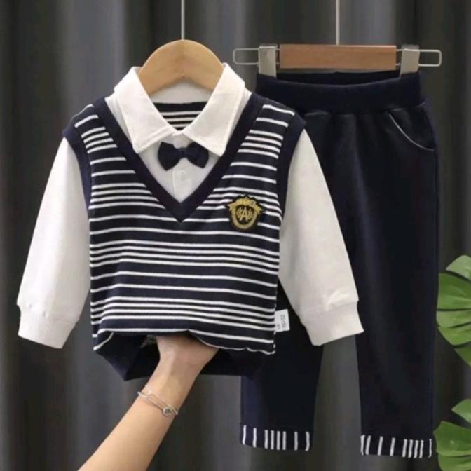 Baju bayi Laki Laki Cowok 6 12 bulan 1 2 3 Tahun Kemeja Set Rompi