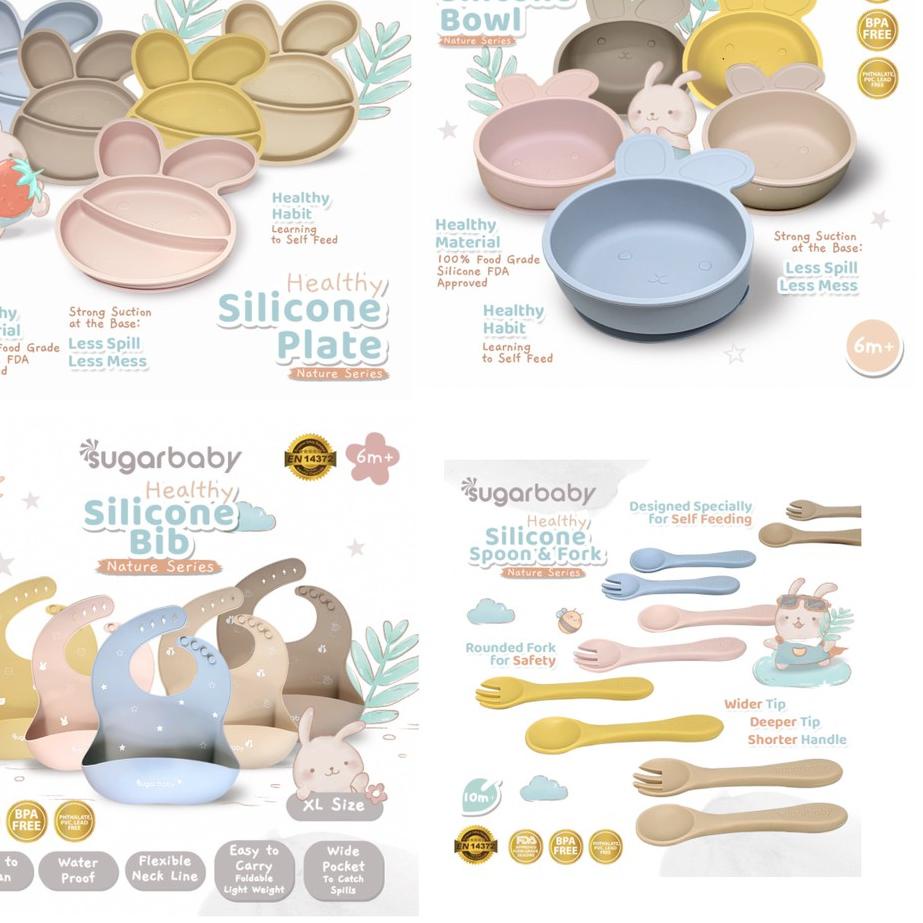 ☛ Sugar Baby Perlengkapan Mpasi Bayi Healthy Silicone Bowl Spoon & Fork Silicone Bib Silicone Plate  Cbks ☇