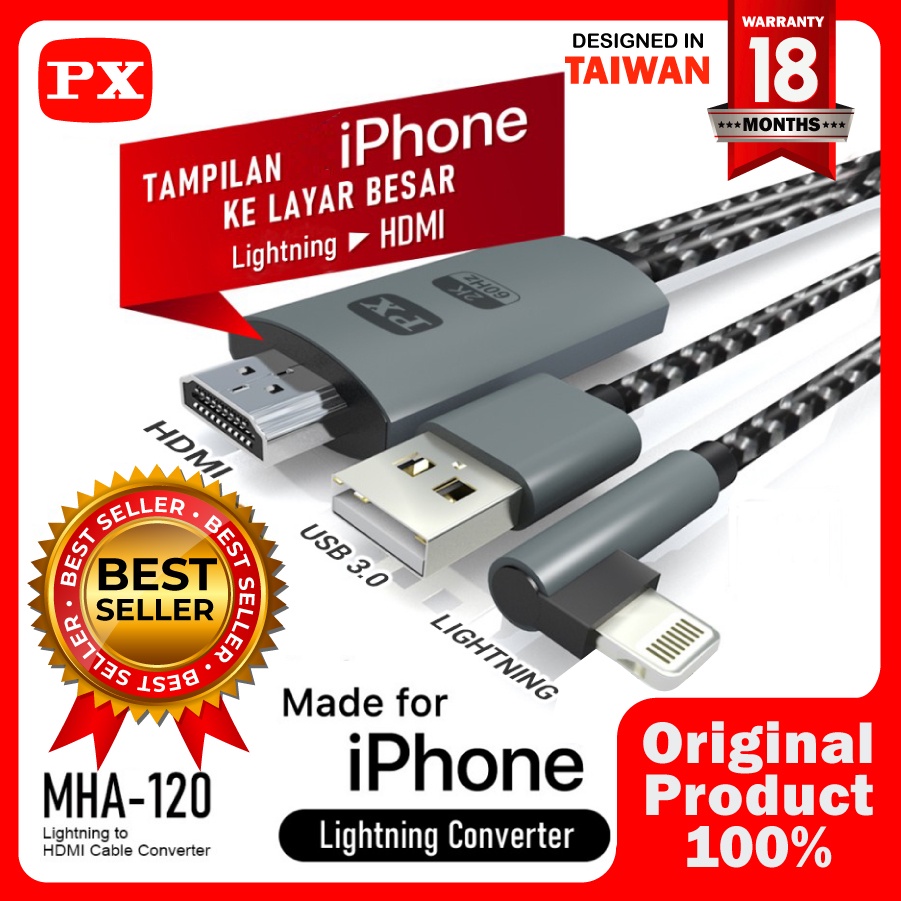 Kabel MHL Lightning Converter iPhone iPad ke HDMI 2 meter PX MHA-120