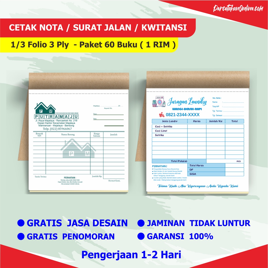 

Nota custom 3 ply 1/6 folio paket 60 buku ( 1 RIM )