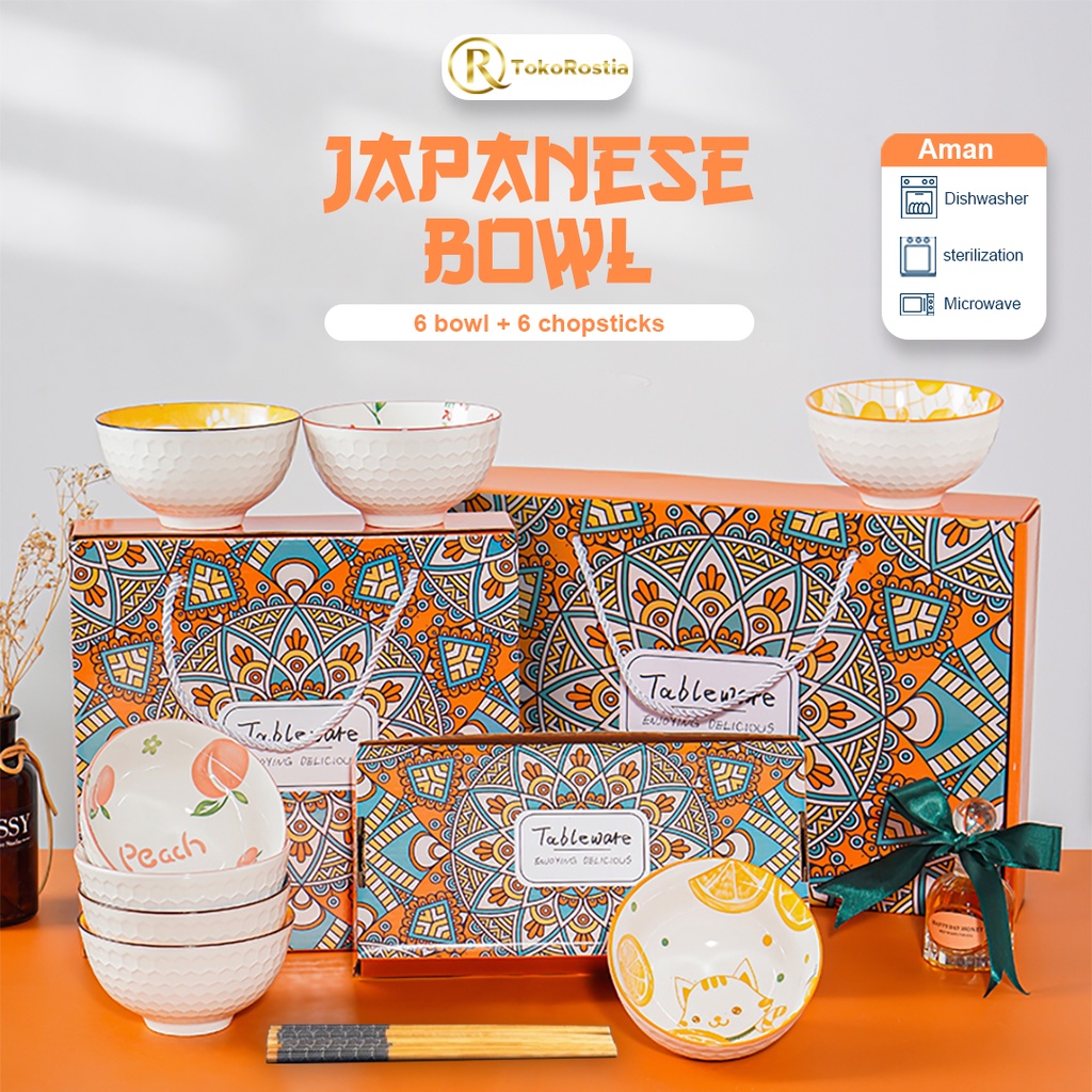 Mangkok Jepang Bohemian Keramik dan Sumpit Set 6 Hampers