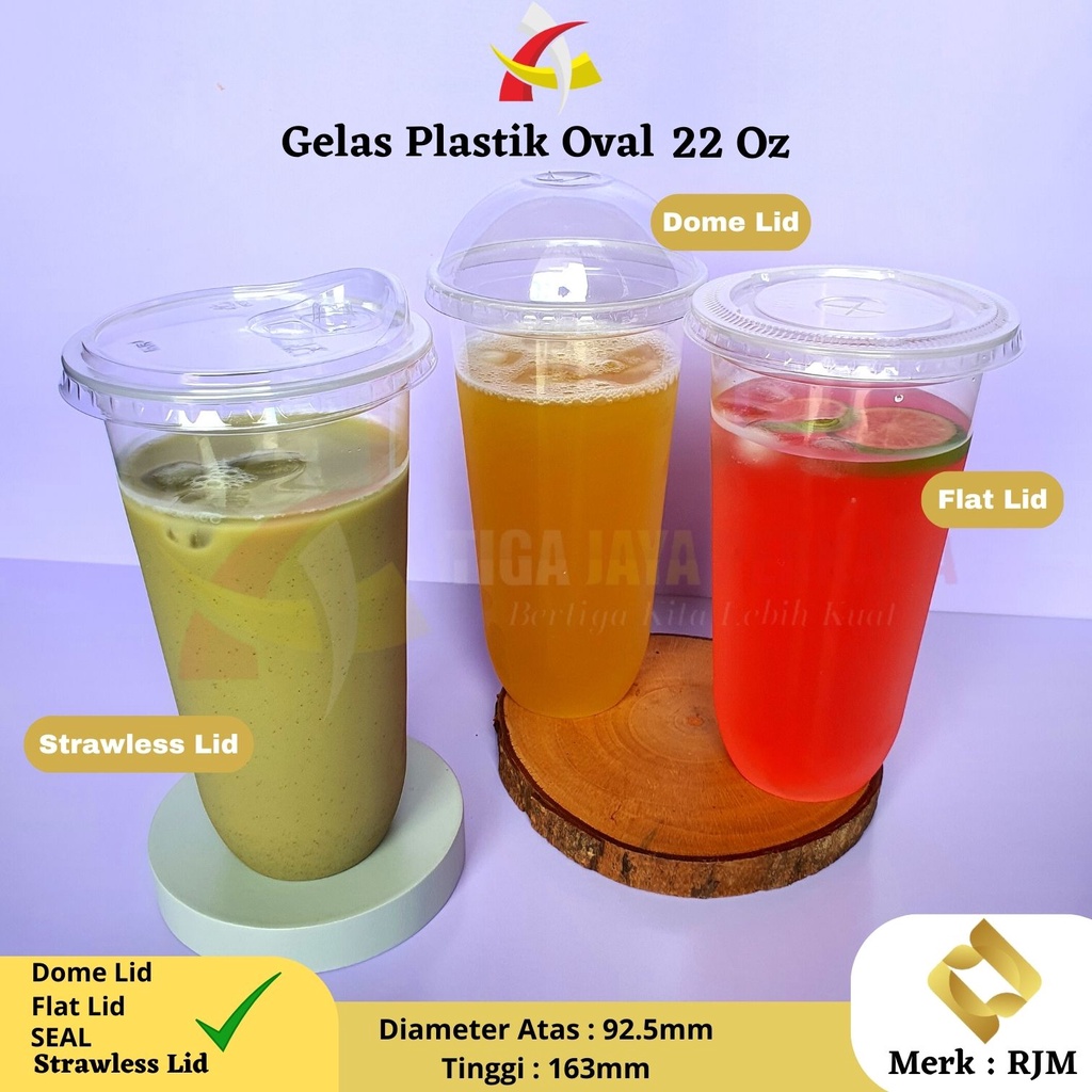 Gelas Oval 22oz RJM + Strawless Lid / Cup U 22 Oz Gelas Plastik Tebal 7grm 50Pcs