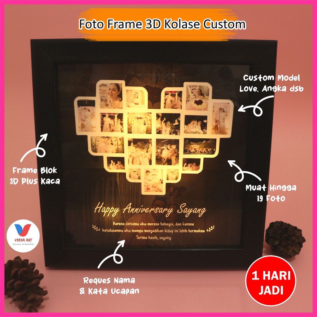 Kado Pacar Ultah Lampu Tidur LED 3D Kado Ulang Tahun Hadiah Anniversary Wisuda Custom Foto Nama Birt