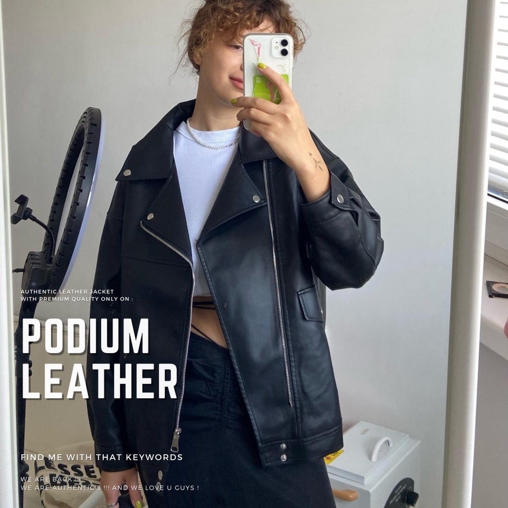 JAKET KULIT SEMI WANITA CROP JUMBO ORIGINAL 100% STYLE KOREA OVERSIZE HITAM PANJANG / JACKET KULIT W