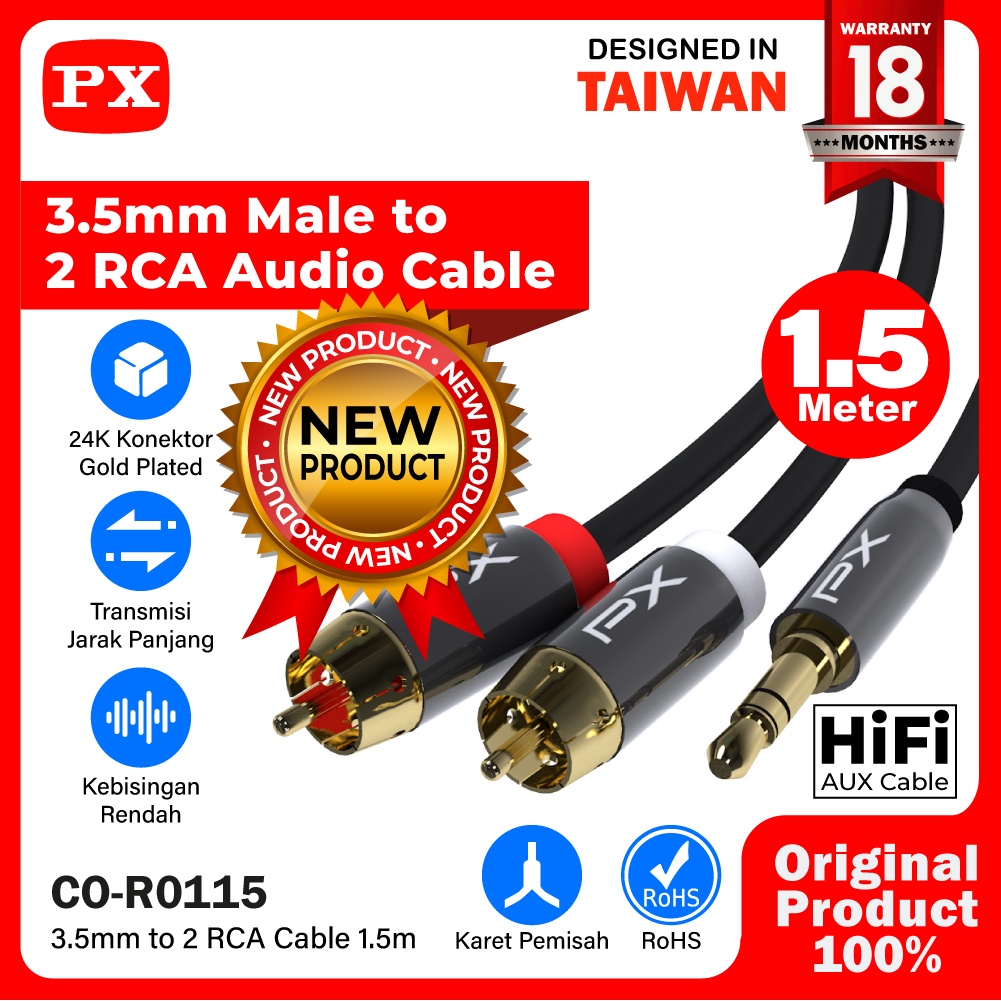 Kabel Aux Audio 3.5mm Male to 2 RCA Male Stereo HiFi 1.5M PX CO-R0115