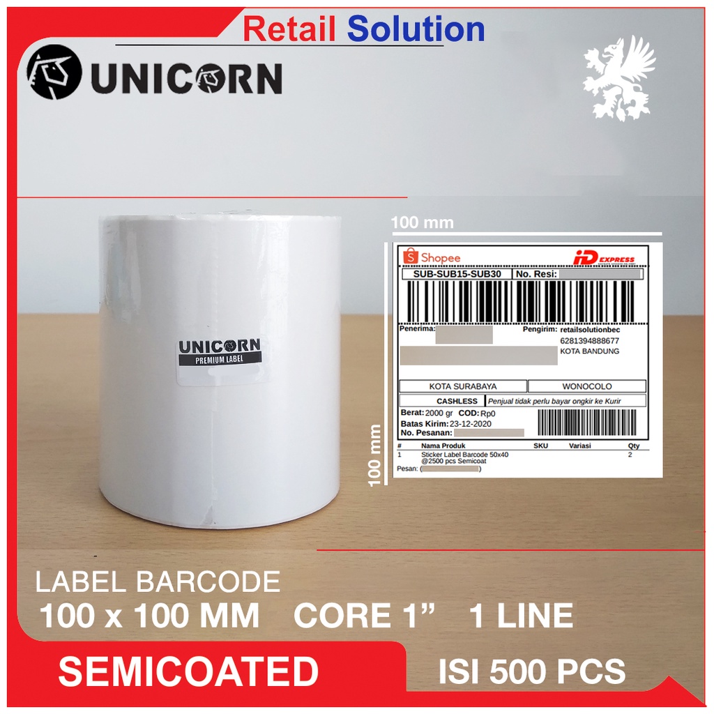 Sticker Label Barcode Semicoat 100x100 mm / 100 x 100 mm / 10x10 cm