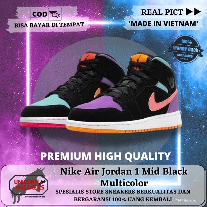 Sepatu Wanita Nike Air Jordan 1 Mid Black Multicolor Sneakers Cewek Sn Neptunussz