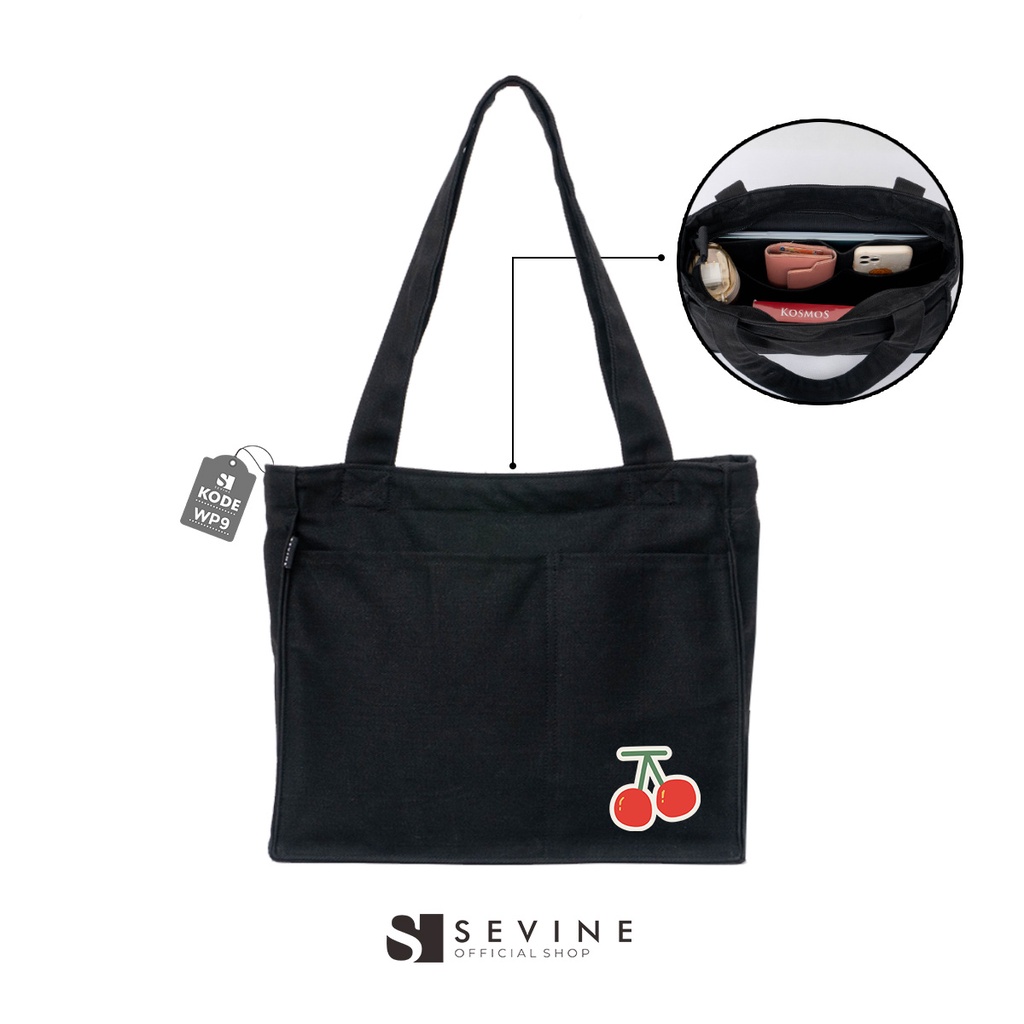 Sevine Totebag Kanvas Rebecca Tas Wanita Tote Bag Kuliah Sekolah Sekat Resleting Hitam Elegan Aesthetic - WP