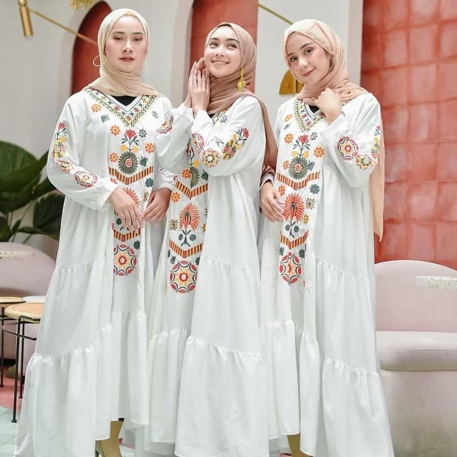 READY Ramadhani Dress Gamis Putih Bordir M-XXXL Jumbo Gamis Bordir Turki Gamis Bordir Bunga gamis Le