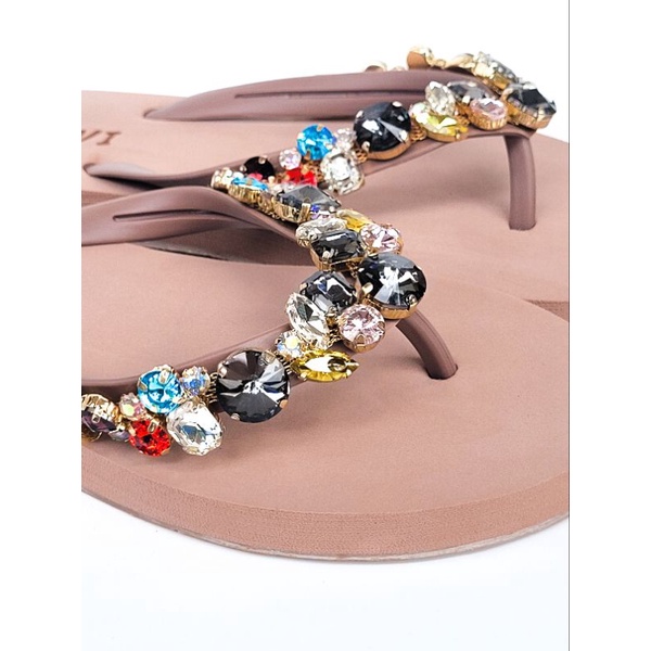 Ingvivi Swarovski Bulat Flat Sandal Jepit Wanita Karet Import Manik Berlian Motek