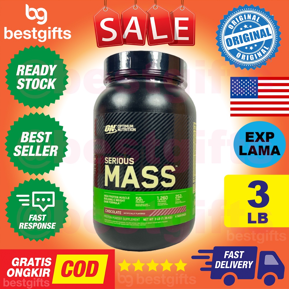 OPTIMUM NUTRITION ON SERIOUS MASS CALORIE RICH PROTEIN SOURCE CHOCOLATE COKLAT &amp; VANILLA NAIK BERAT BADAN 3 LB