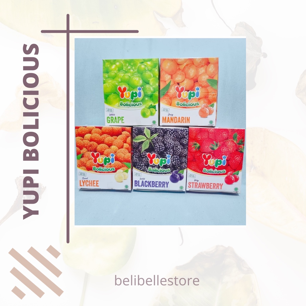 

PERMEN YUPI BOLICIOUS BOX / YUPI BLACKBERRY / YUPI LYCHEE / YUPI STRAWBERRY/PERMEN JELLY ENAK.
