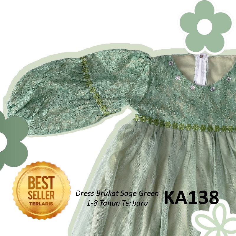 Baju Muslim Sage Green Terbaru 2023 Dress Brukat Anak 4 5 Tahun Import Gaun Kondangan Gamis Tangan Panjang Bahan Tile Tulle Import Sage Green KA136
