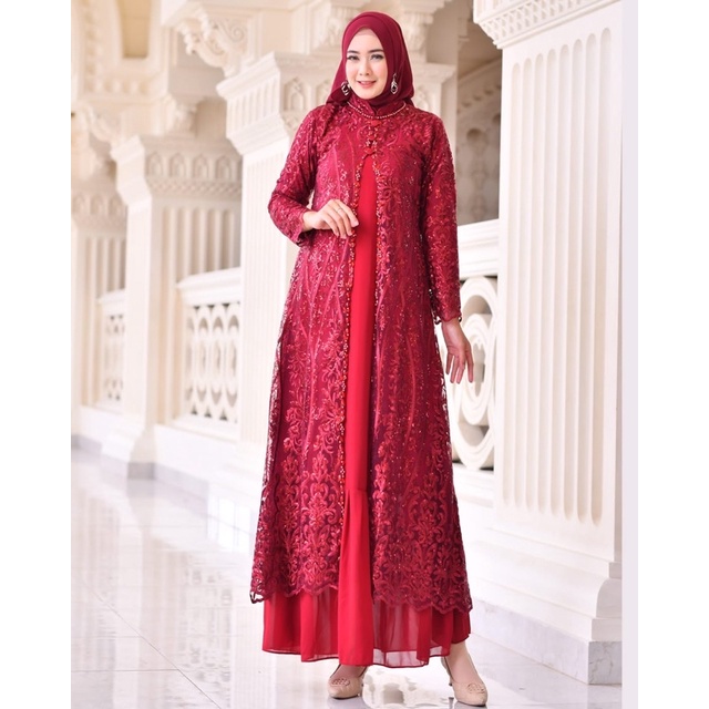 Permata Olshop / Gamis Rompi Brukat Tulle Payet / Gamis Pesta Mewah / Gamis Sakura