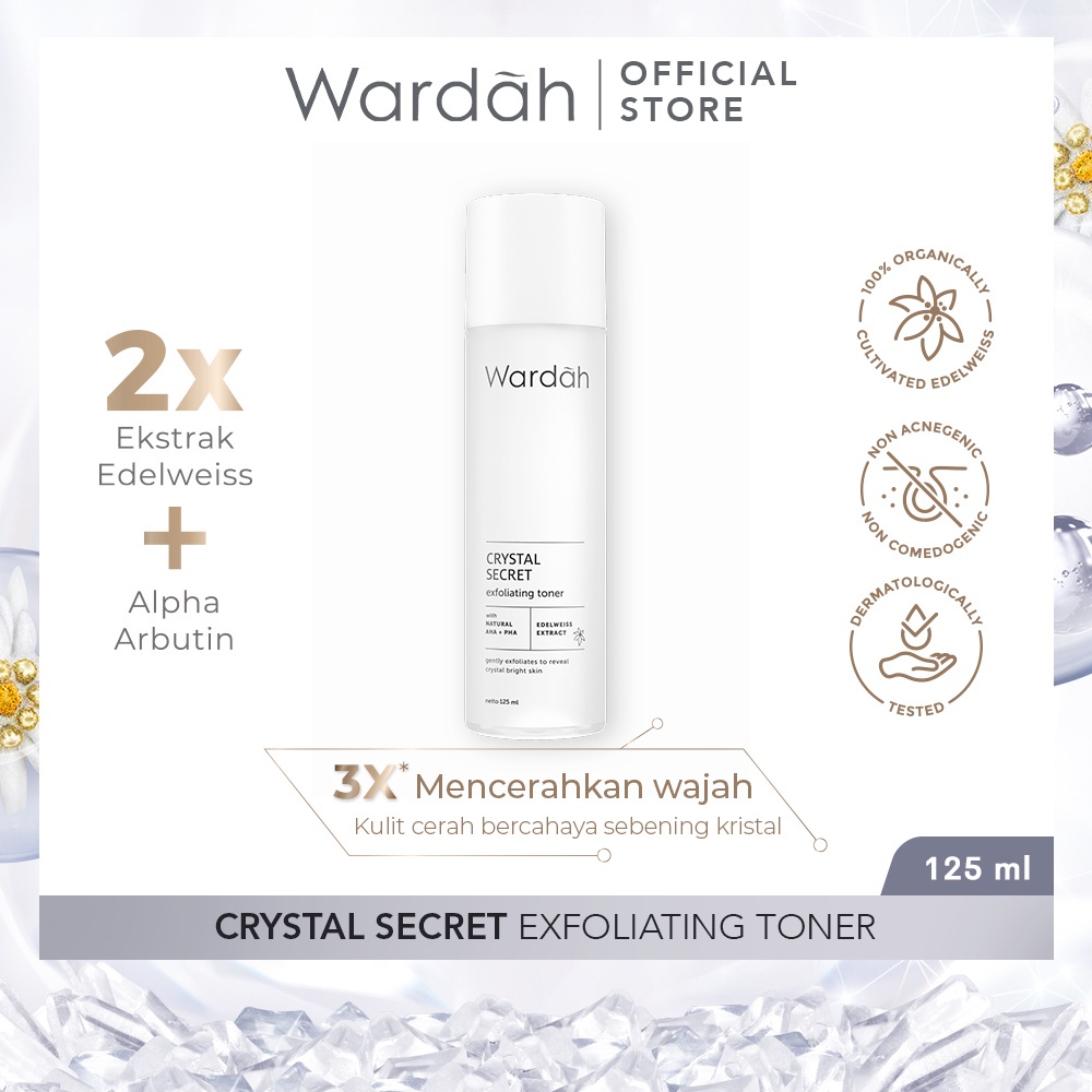 WARDAH Crystal Secret Exfoliating Toner Indonesia / Pembersih Wajah 125ml / With Natural AHA + PHA Edelweiss Extract / Gently Exfoliates To Reveal Crystal Bright Skin / Facial Exfo Exfoliator Peeling Peel Cleansing Pelembab Muka Skincare Face Care Series