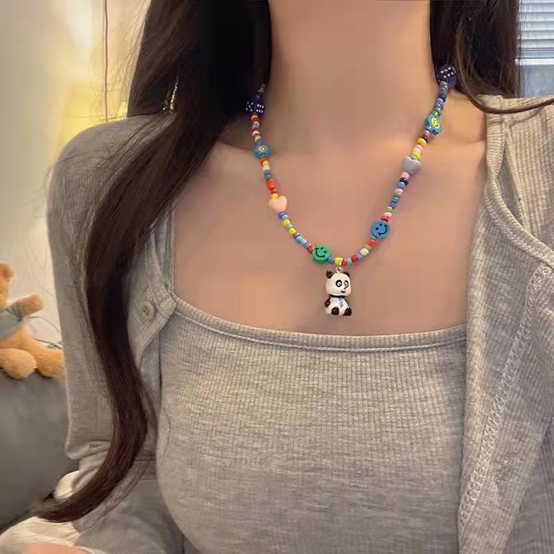 Kalung Liontin Panda Lucu Warna-Warni Smiley Face Love Beads Rantai Klavikula