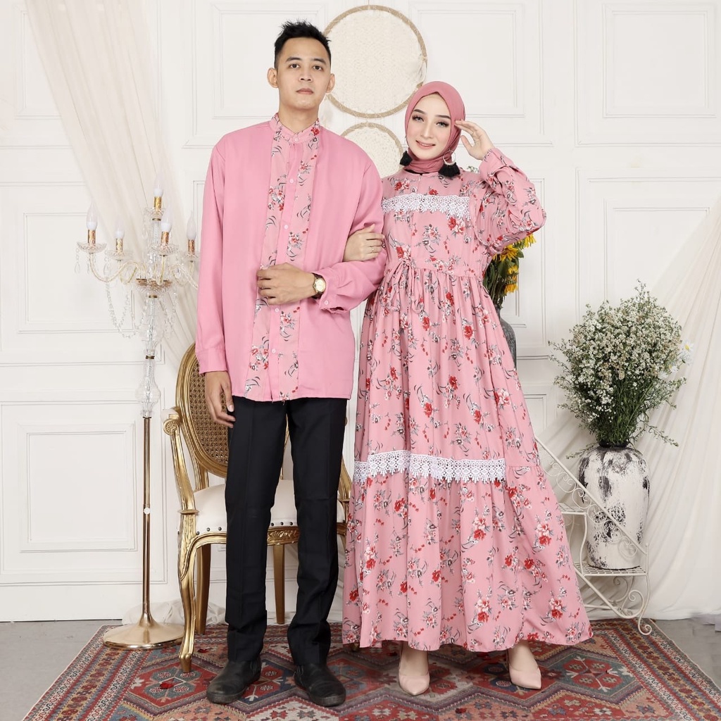 Couple Muslim Pasangan Maxi Gamis Dan Kemeja Flower Srikandi HOPYLOVY