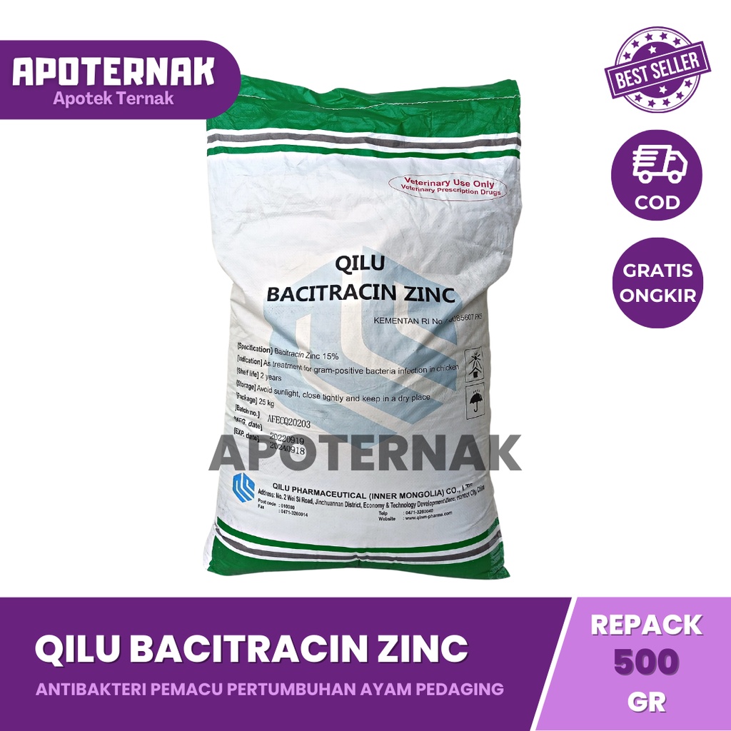 QILU BACI TRACIN ZINC 500 gram | Pemacu Pertumbuhan Ayam Pedaging Broiler | AFP Qilu | AGP Ayam | Zinc Bac 15%