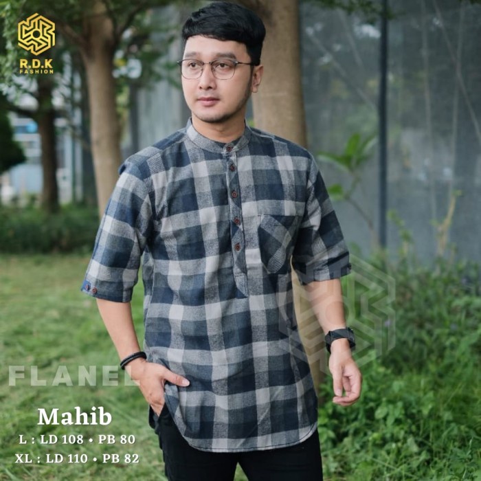 Baju Koko Kurta Muslim Pria Dewasa Lengan 3/4 Bahan Flanel Motif Kotak - Mahib Awet J6K8