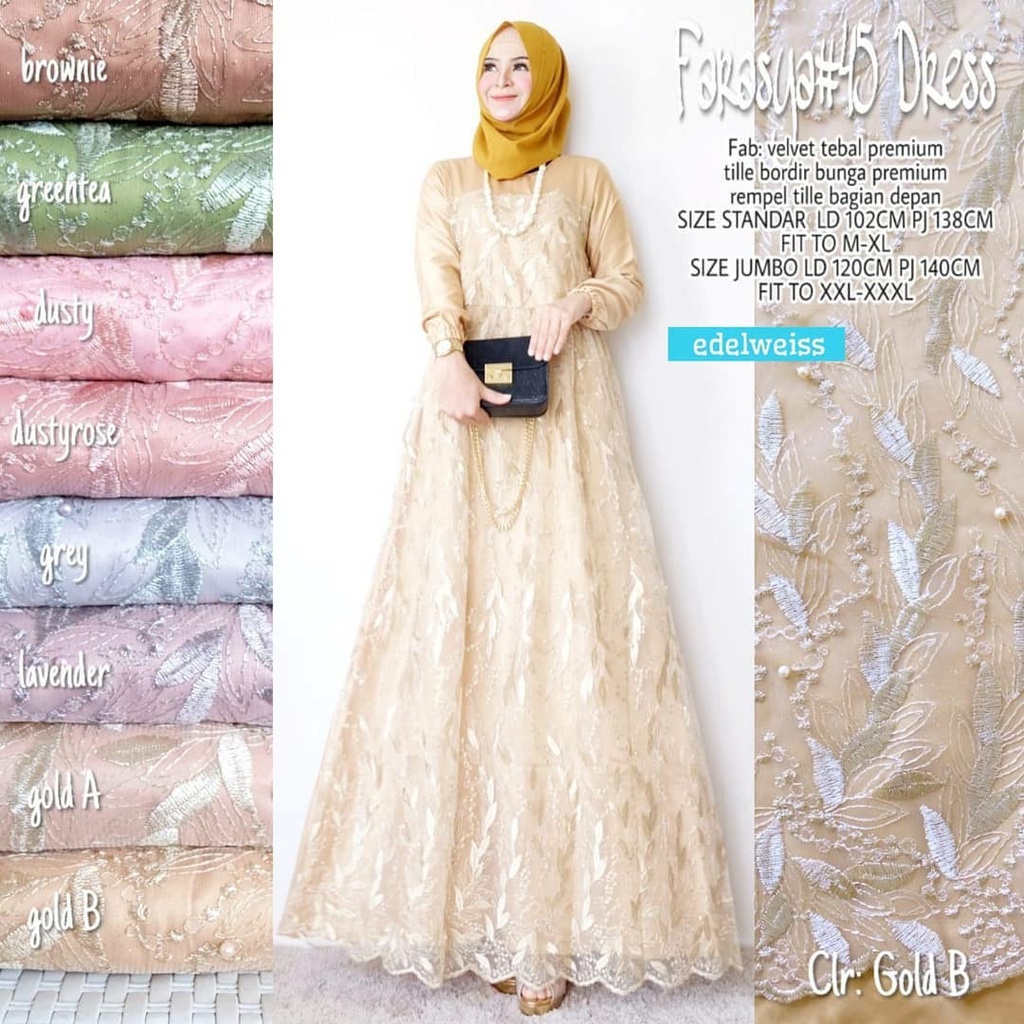 Farasya Dress Muslimah #45 Gamis Brukat Jumbo Gamis Lebaran Terbaru Gaun Pesta Resepsi Seragam Pernikahan Outfit Bridesmaid Broklat Jumbo Wanita xxxl Dress Code Kondangan Warna Rose Gold Greentea Ice Blue Maroon Navy Brown Millo Putih Denim