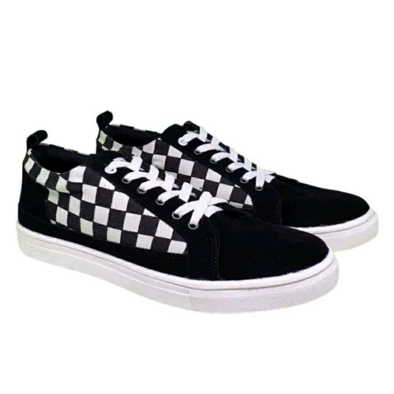 CATZIE Sepatu Kasual Pria Men-505 Motif Catur Sepatu Sneakers Hitam 39-44 Low Cut Remaja Smp Sma, 39