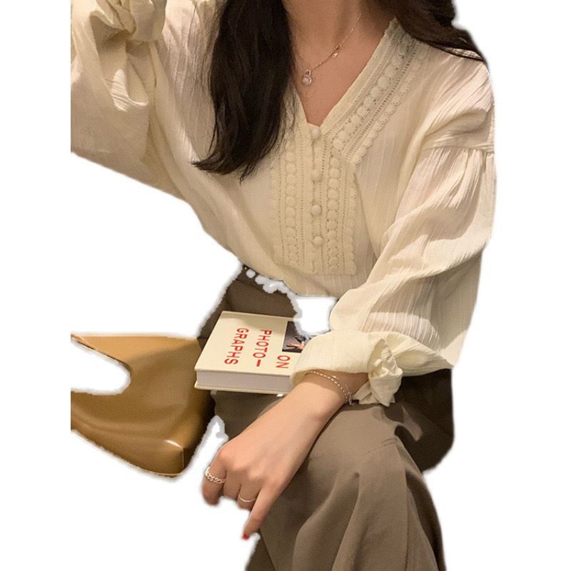 Red Gaya Perancis warna aprikot V-neck kemeja lengan panjang wanita chic musim semi dan musim panas Gaya Korea tipis longgar renda top in set dua potong