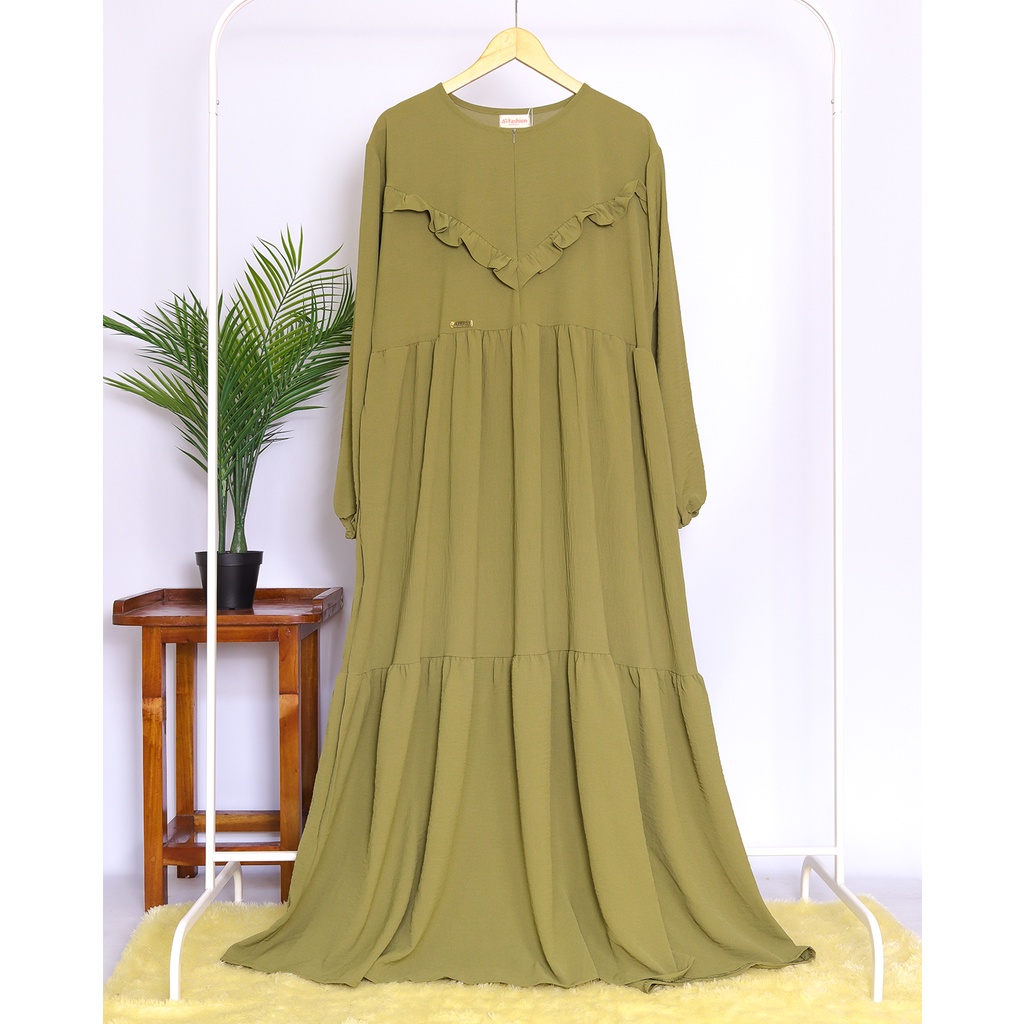 Dress Gamis Lebaran Bahan Crinkle Ganiya Hijau Army Busana Muslimah