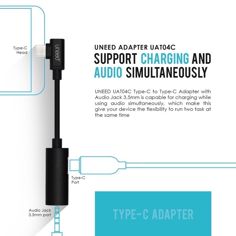 UNEED AUDIO SPLITTER CHARGING ADAPTER TYPE C TO AUDIO JACK 3.5MM -UAT04C FOR XIAOMI OPPO VIVO ASUS BY SMOLL