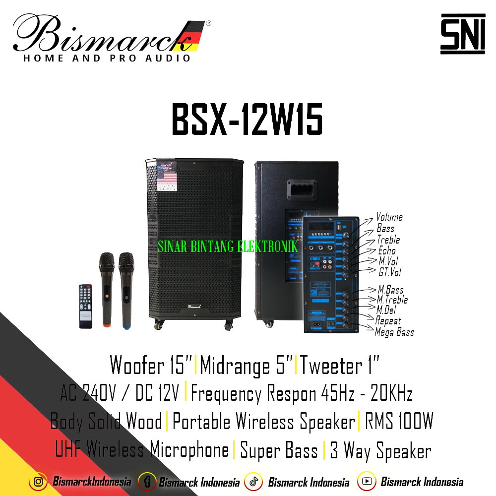 Speaker portabel Bismarck BSX12W15. porteble 15 inch body kayu 2mic.