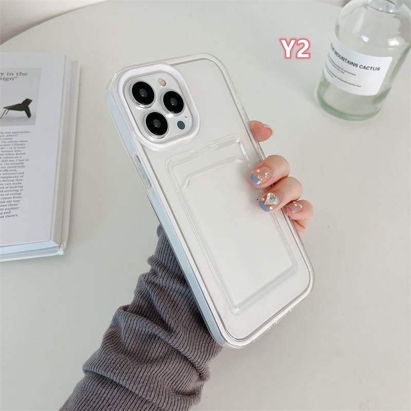 IPHONE Shockproof 3-in-1 Kartu Kredit Case Kompatibel Untuk Iphone11 13 12 14 Pro MAX 7Plus 8Plus XR 7-8 6 6S Plus X XS MAX SE 2020 Bening Padat Murni Warna Permen Penuh Melindungi Soft Case