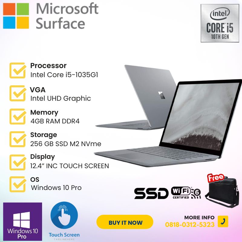 Laptop Bisnis dan Multitasking Microsoft Surface Laptop GO - Core i5-1035G1, 4GB RAM, 256GB SSD, 12.4” TouchScreen, Silver, NEW