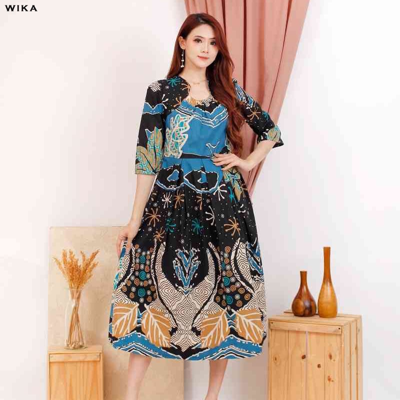 Evercloth Wika Dress Batik Lengan Panjang Wanita Dress Wanita Jumbo Batik Couple Dress Pita A-Line Gaun Batik Pastel Rok Mekar