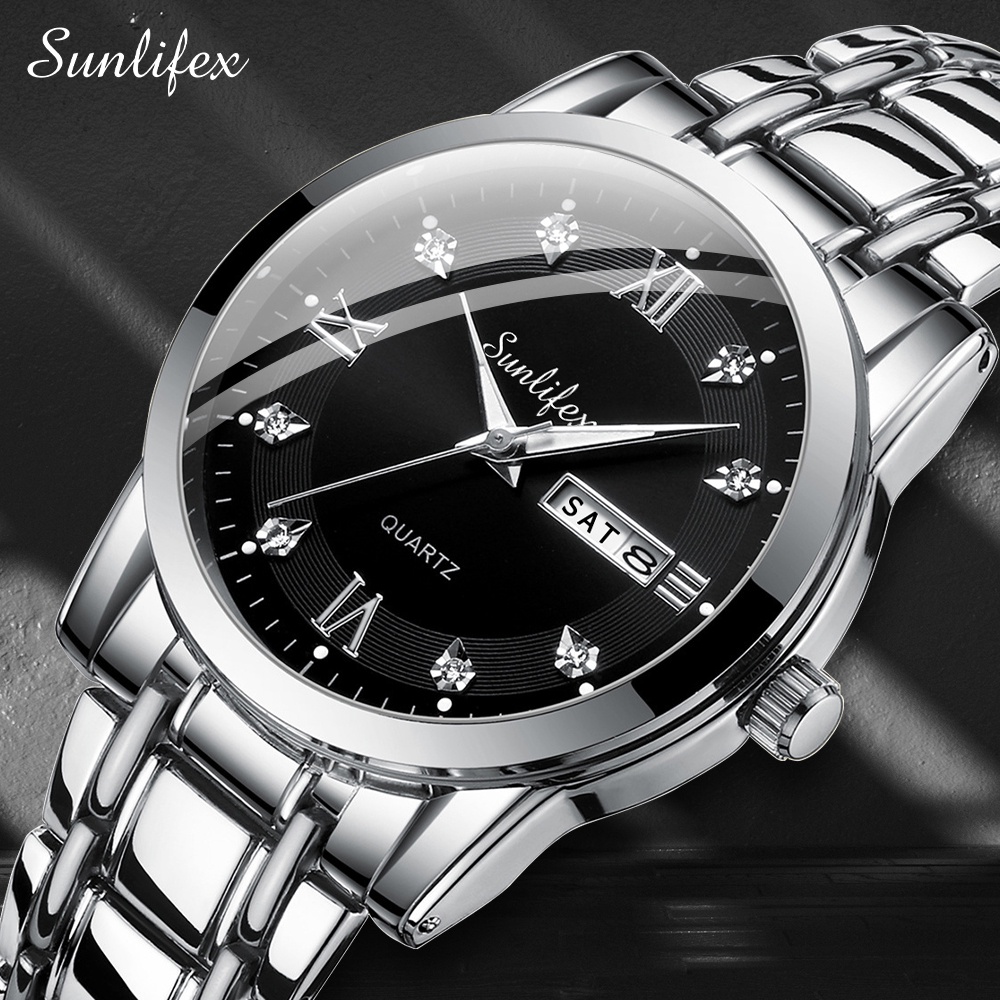 Sunlifex Jam Tangan Pria Original Kuarsa Tali Stainless Steel Calendar Mewah Mode Pria Jam Tangan Cowok Anti Air-SilverBlack-1