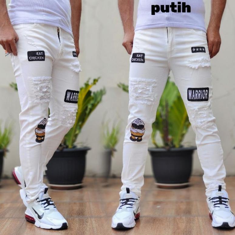 Jeans Putih Celana Pria Jeans Ripped Arm-Man Sobek Polos