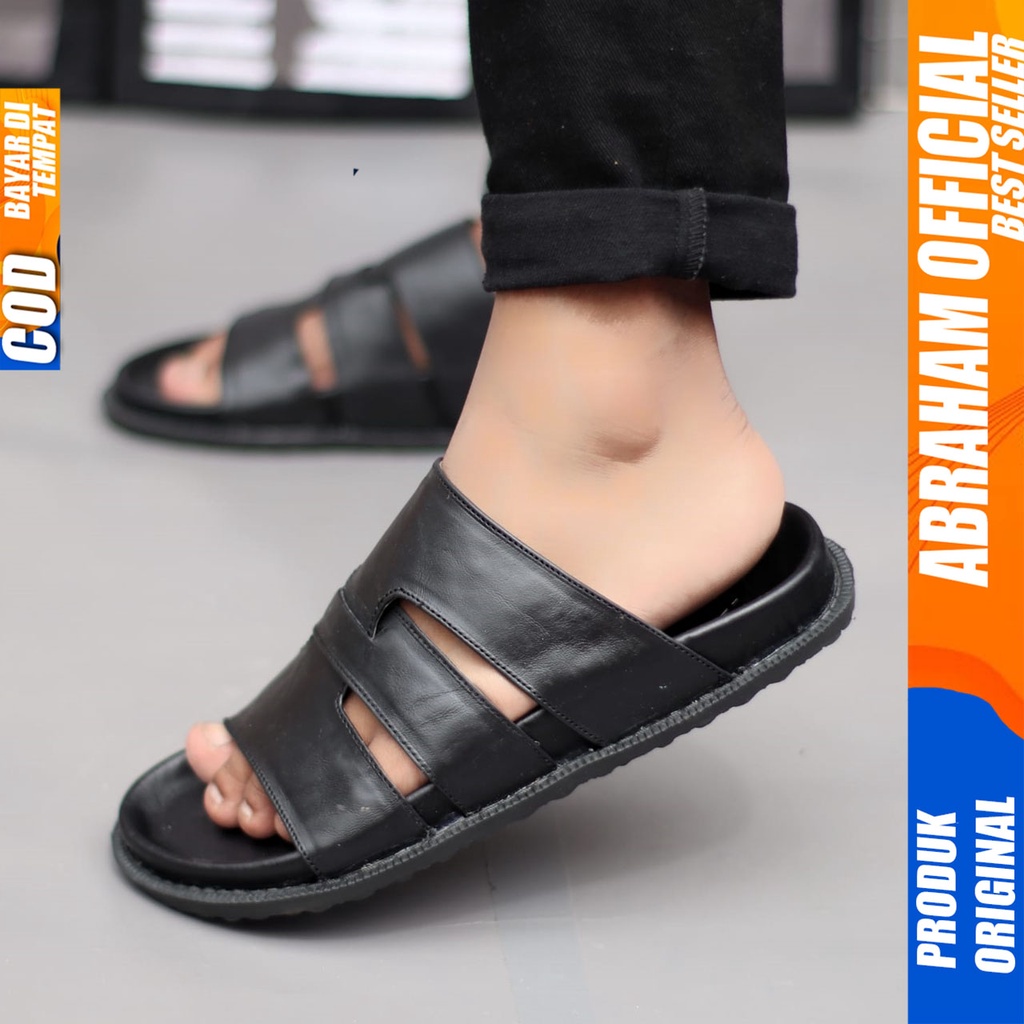 Sandal Slide Casual Pria Kulit Asli Sendal Selop Pria Hitam Abraham Valkry