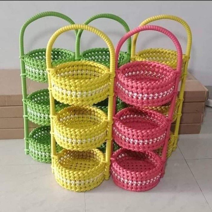 Tempat Keranjang Bumbu Anyaman Rotan 3 Tingkat Tempat Bumbu 3 Susun Warna