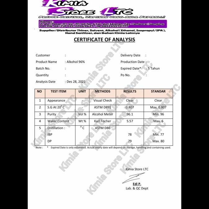 Alkohol 96% 5 Liter, Alkohol Murni tanpa campuran Aquades / Air bir08