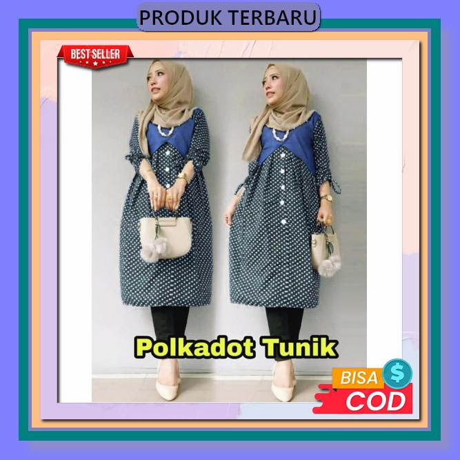 Tunik Muslim Kekinian Motif Kotak Kualitas Premium Baju Busana Terbaru 2023 [Tunik Polkadot Ox]Tunik