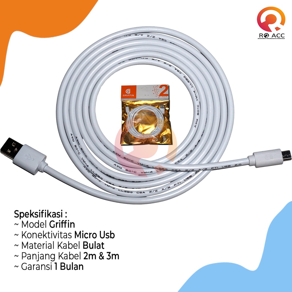 [RO ACC] KABEL DATA CHARGER HP GRIFFIN MICRO USB 2 &amp; 3 METER