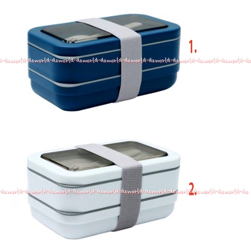 Kris Lunch Box Square White 2tier Tempat Makan Kotak 2tingkat Satu Set Dengan Sendok Garpu Warna Putih dan Biru