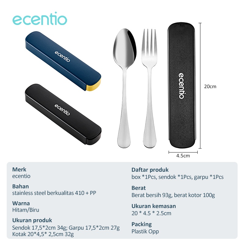 ecentio Stainless Steel Set Peralatan Makan Travel Makan Dengan wadah Sendok Garpu Sendok Garpu Set