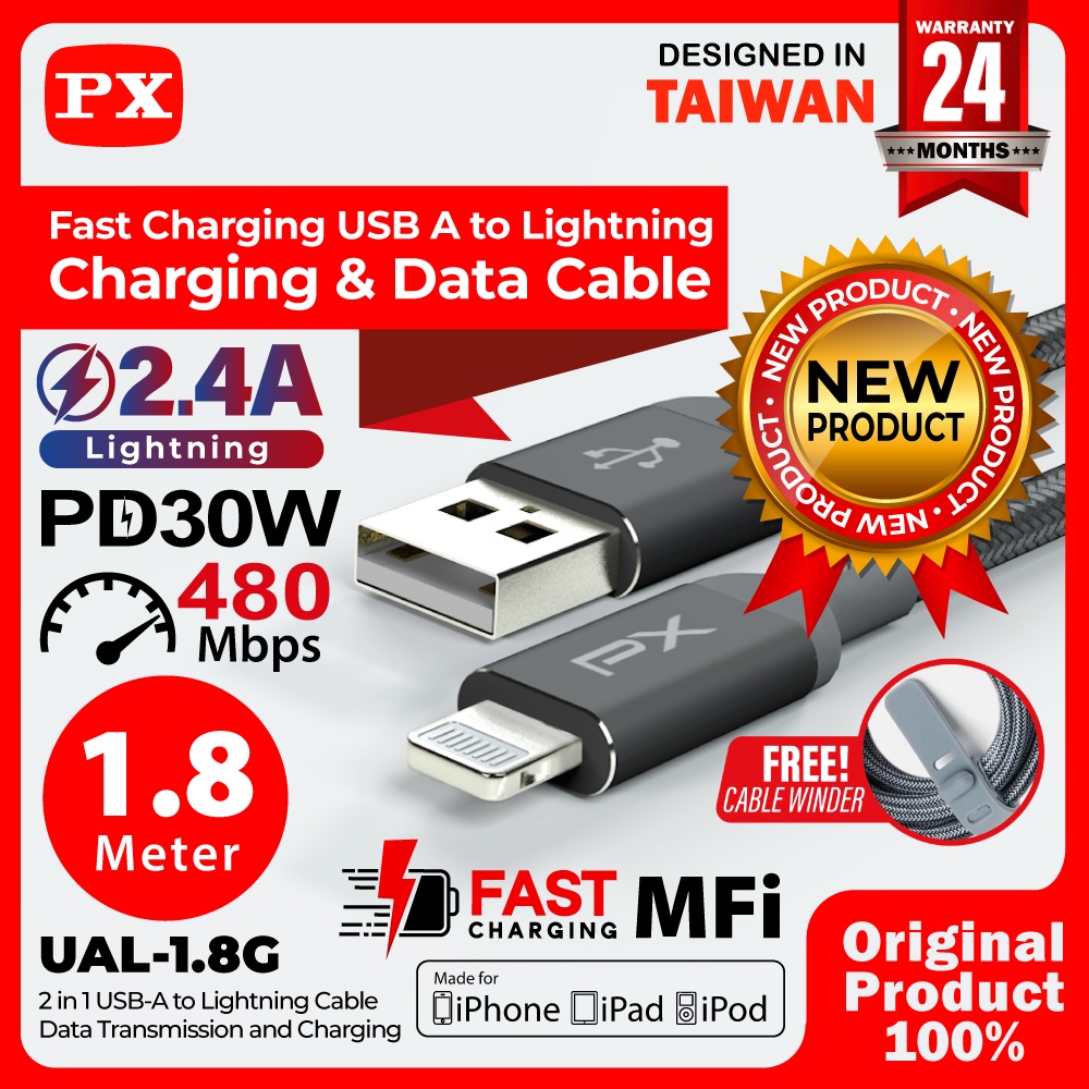 Kabel Data USB A to Lightning Fast Charging MFi 1.8m PX UAL-1.8G