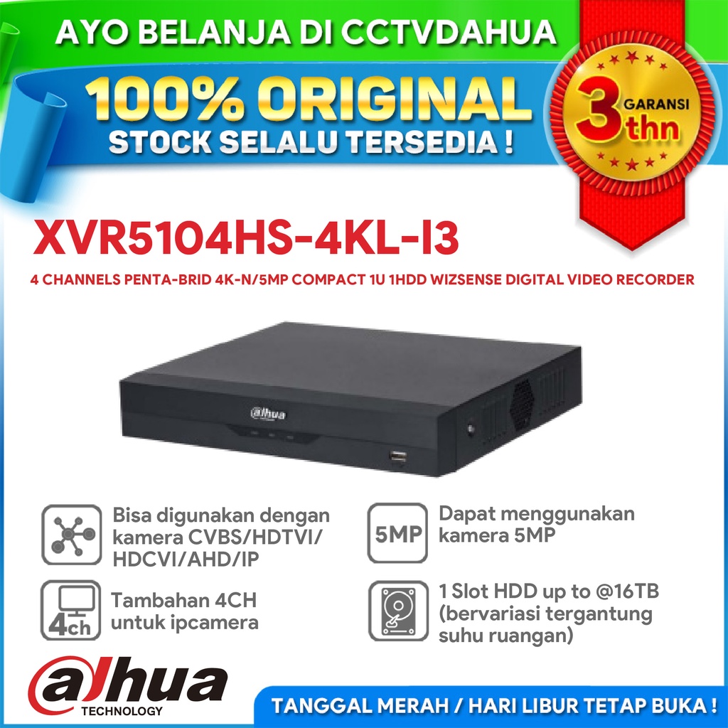 DAHUA XVR5104HS-4KL-I3 4CH PENTA-BRID 1U 1 SLOT HDD WIZSENSE H.265 DVR