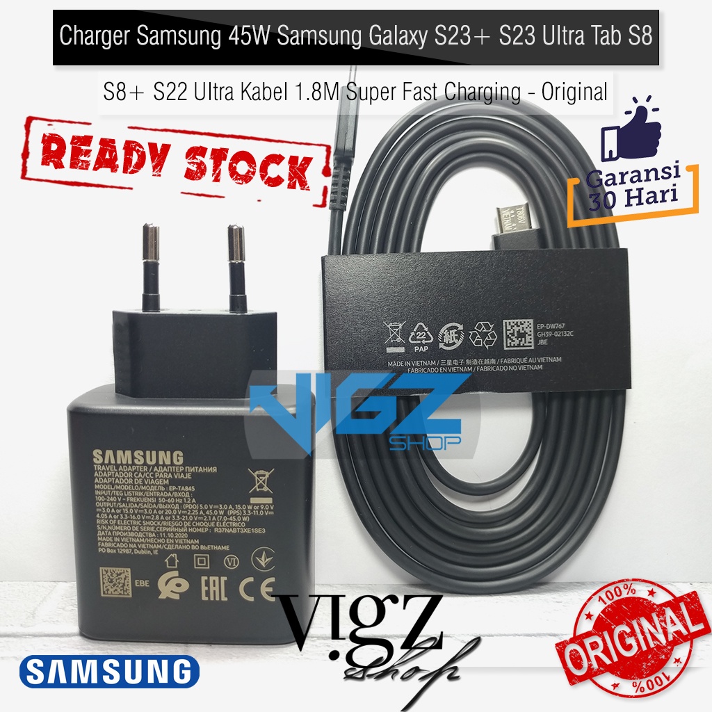 Charger Samsung 45W Samsung Galaxy S23 Ultra S23+ Tab S8 Tab S8+ Tab S9 Ultra Tab S9 Plus Tab S9 Original 100% S22 Ultra S22+ S20 Ultra Tab S7+ S10 Lite Note 10 Plus Super Fast Charging Original 100%