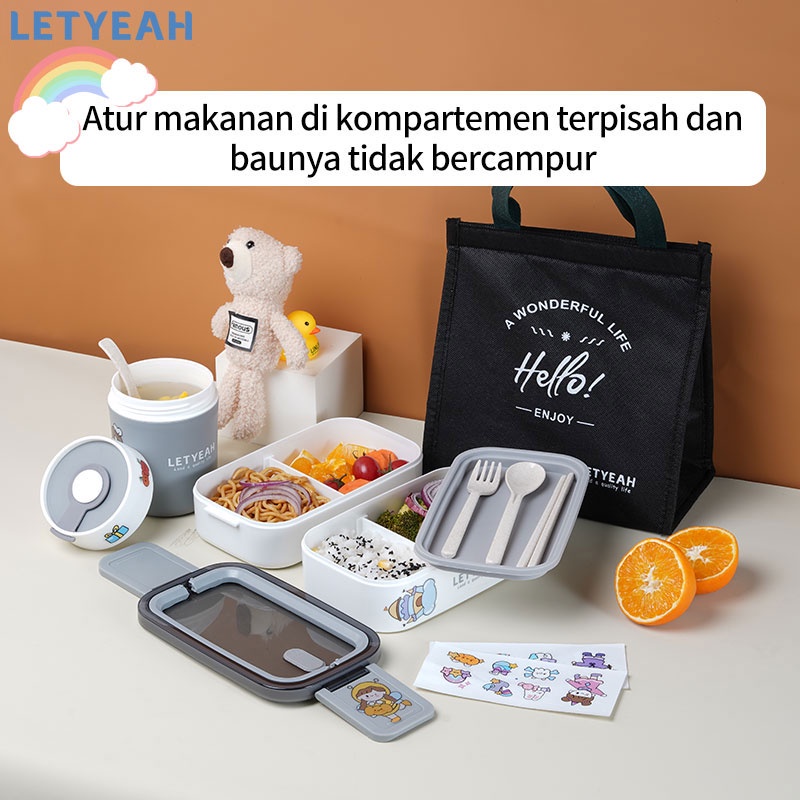 letyeah Lunch box 2 susun dengan DIY stiker/ Kotak makan 1600ml dan mangkuk sup 500ml set Portable