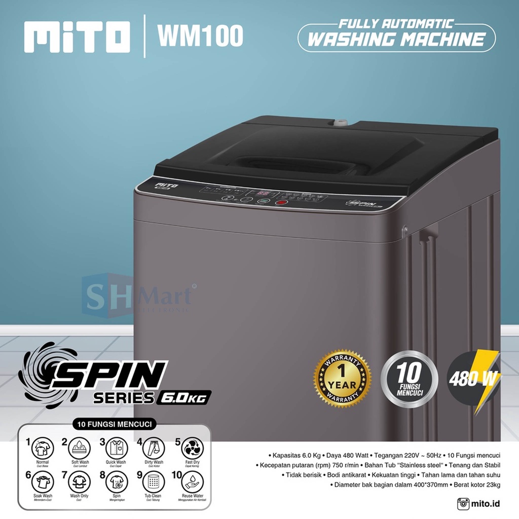 MESIN CUCI 1 TABUNG MITO KAPASITAS 6 KG WM100 FULL OTOMATIS SPIN SERIES GARANSI RESMI