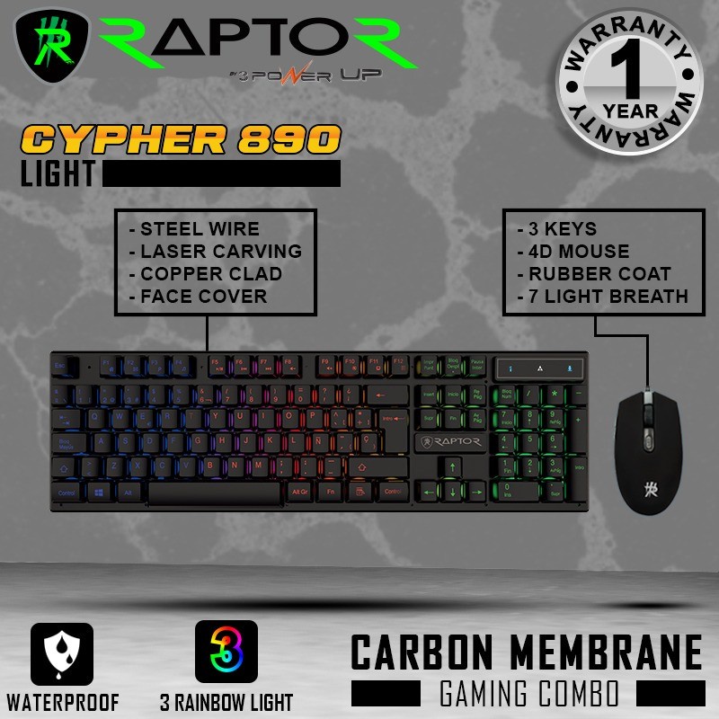 Keyboard Mouse Combo Gaming RAPTOR Cypher 890 Carbon Membrane RGB WATER RESIST